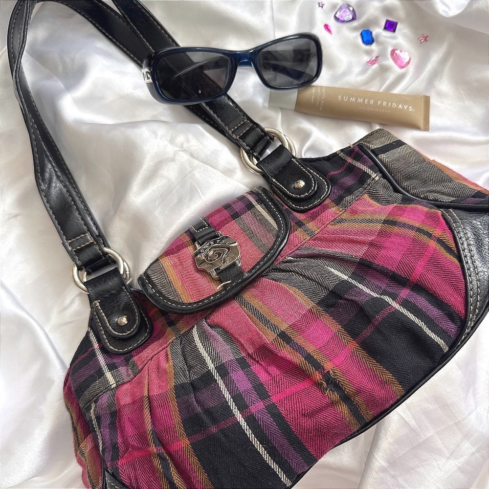 Rosetti Plaid Shoulder Bag Pink Purple Black Faux Leather Trim Hobo Handbag